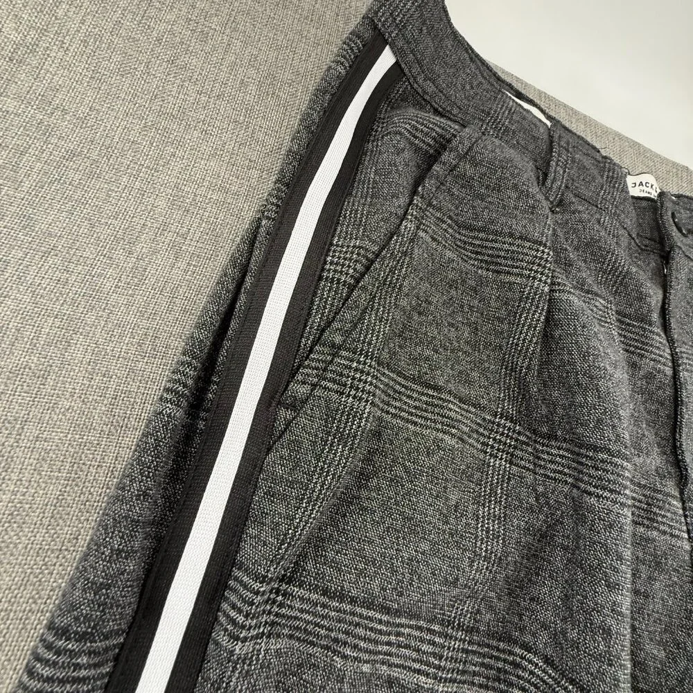 Mens Jack & Jones Plaid Pants Gray Black White Side Stripe Trousers 32x34 casual